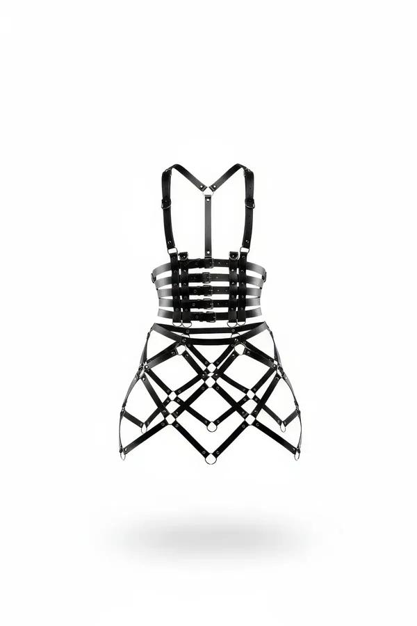 Black vegan leather cage skirt harness with five-band strappy bodice and diamond-grid skirt, silver O-ring hardware, white ba