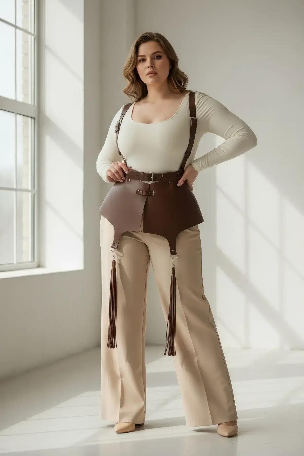 chocolate brown vegan leather structured waist panel harness with front gold-tone buckle closure