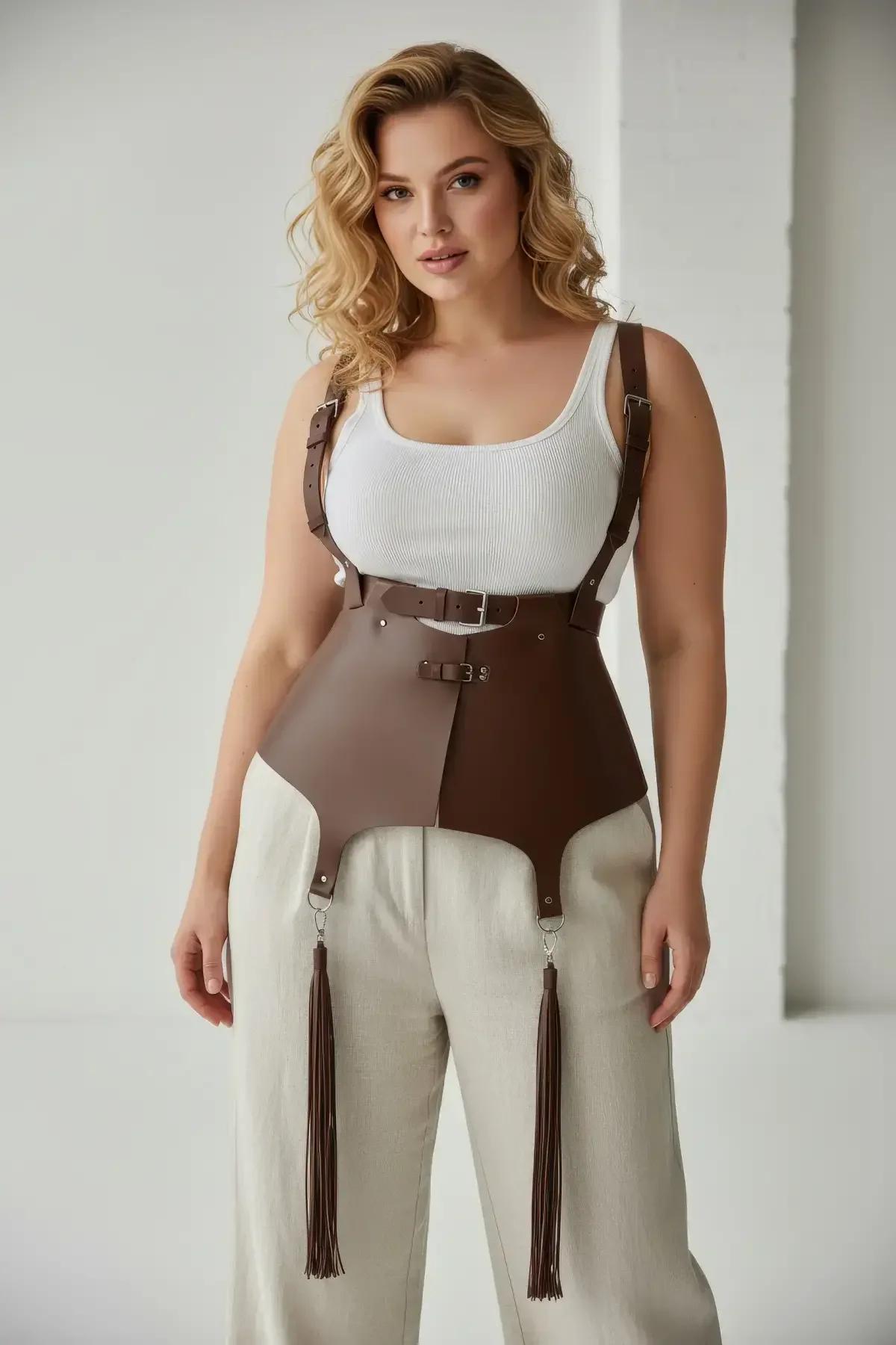 back view brown faux leather corset harness showing shoulder strap buckle adjustment and panel shaping