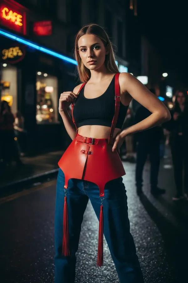 red vegan leather peplum harness with adjustable shoulder suspenders and gold-tone buckles, tassel drops at hips