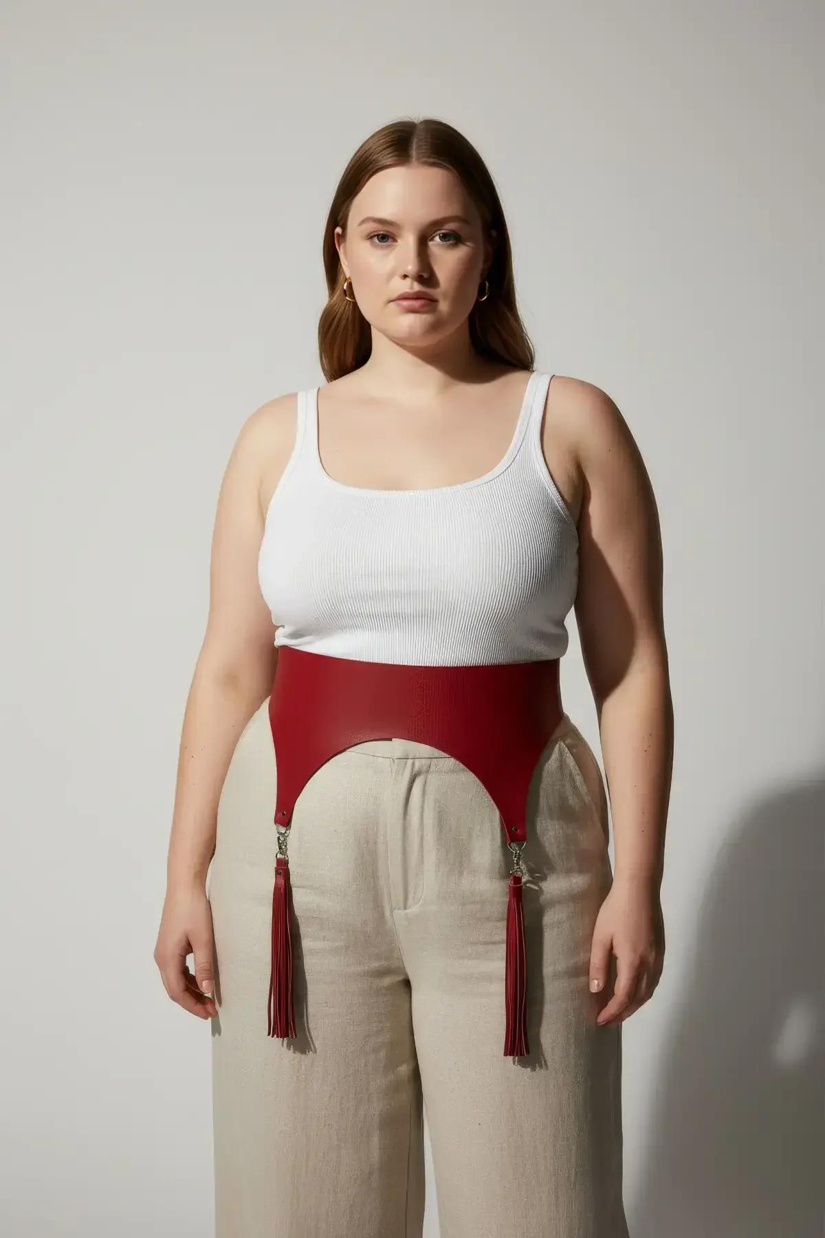 back view red vegan leather waist harness hook-and-eye closure adjustable fit plus size