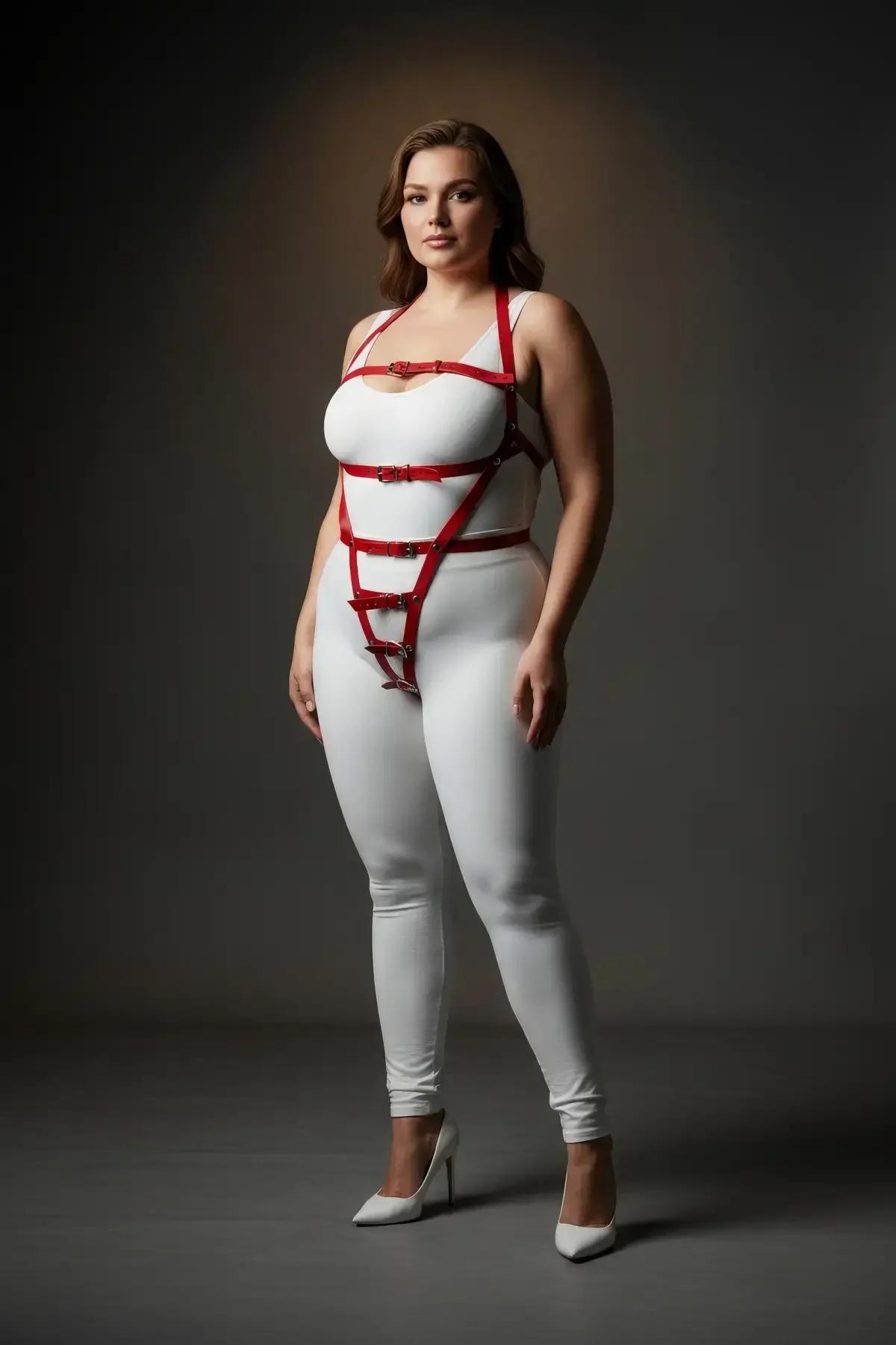 parlak kırmızı suni deri omuz askılı vücut harness üçgen alt kemer tasarımı