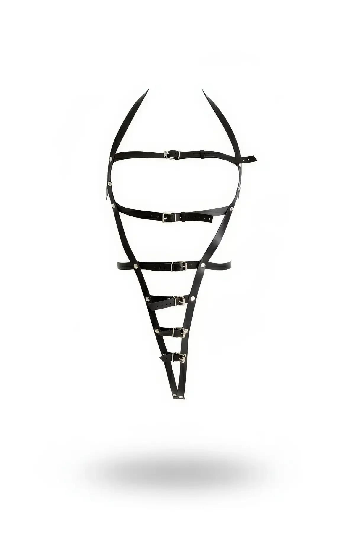 Siyah suni deri body harness çoklu gümüş tokalı göğüsten kalçaya tam vücut şerit aksesuarı