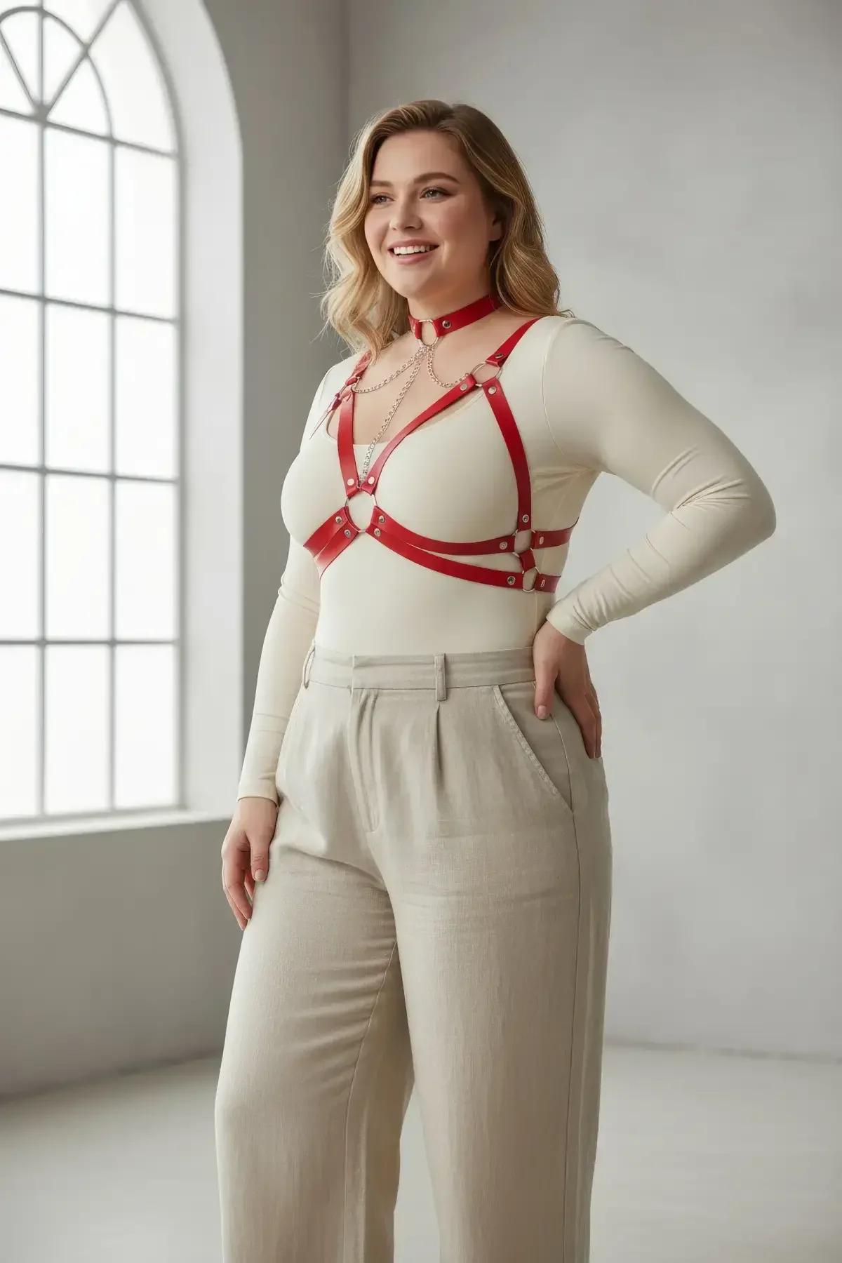 Red PU leather chest harness with gold stud rivets and front O-ring detail, close-up