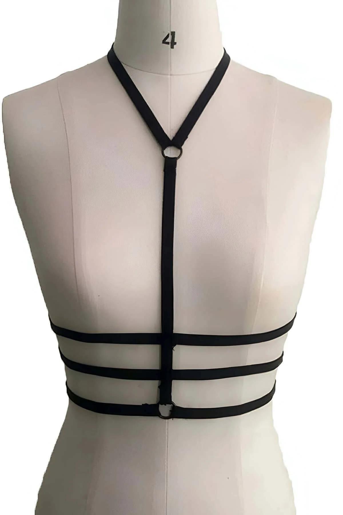 Siyah Elastik Bantlı Halter Boyun Göğüs Harness