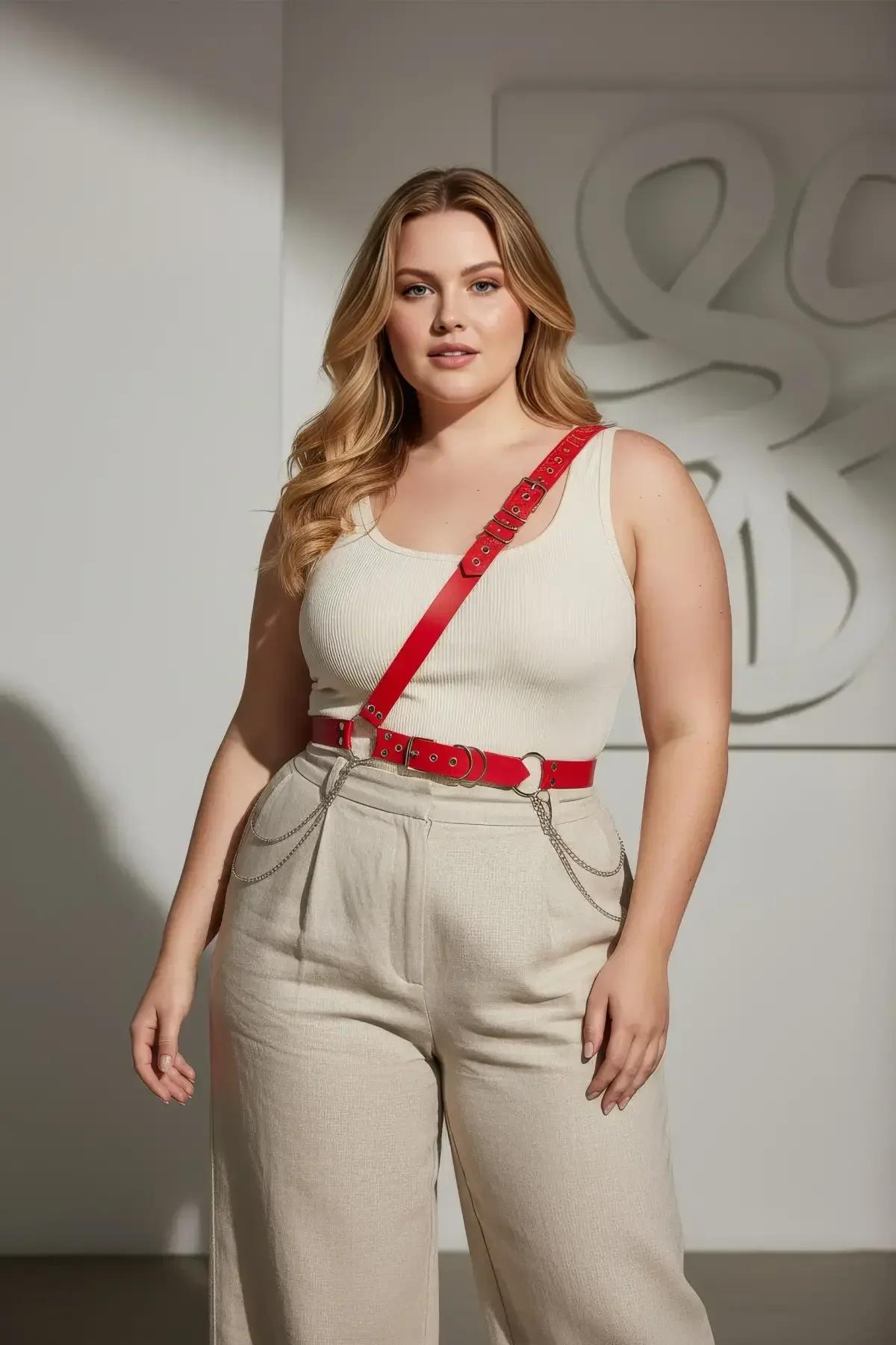 kırmızı harness kemer beyaz bluz ve krem pantolon üzerinde büyük beden kombin