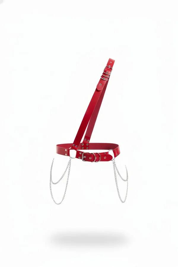 Red faux leather waist harness with diagonal shoulder strap, silver O-ring and triple-row draped silver chains at hip