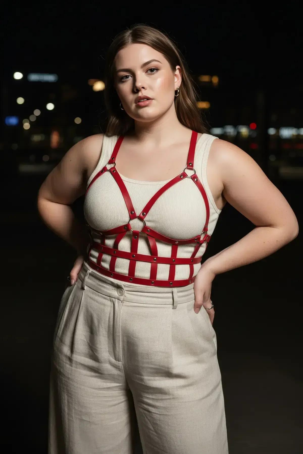 back view of red caged body harness showing adjustable shoulder buckle straps and waist-cinching cage grid