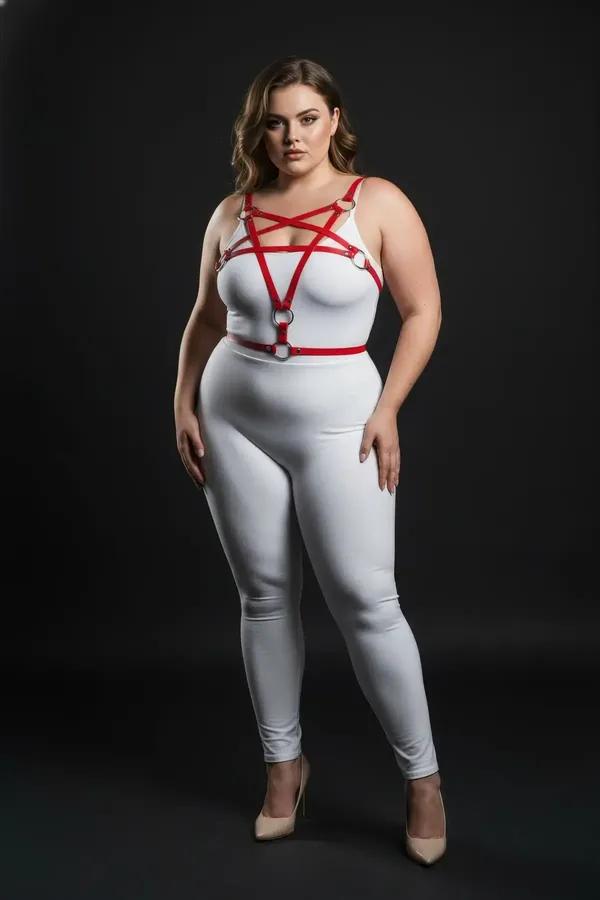 Red vegan leather starburst chest harness with silver O-rings worn over white bodysuit, plus-size model