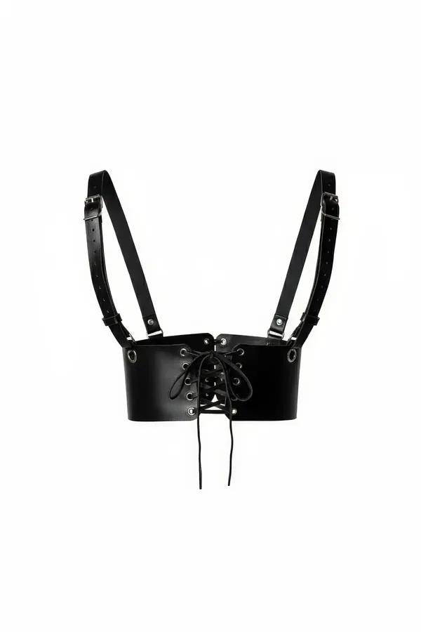 Siyah faux leather geniş korse kemer ön bağcık metal halka detaylı ayarlanabilir omuz askılı