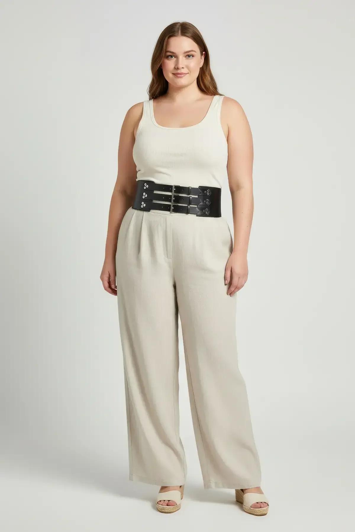 black wide waist harness belt silver hardware close-up buckle detail