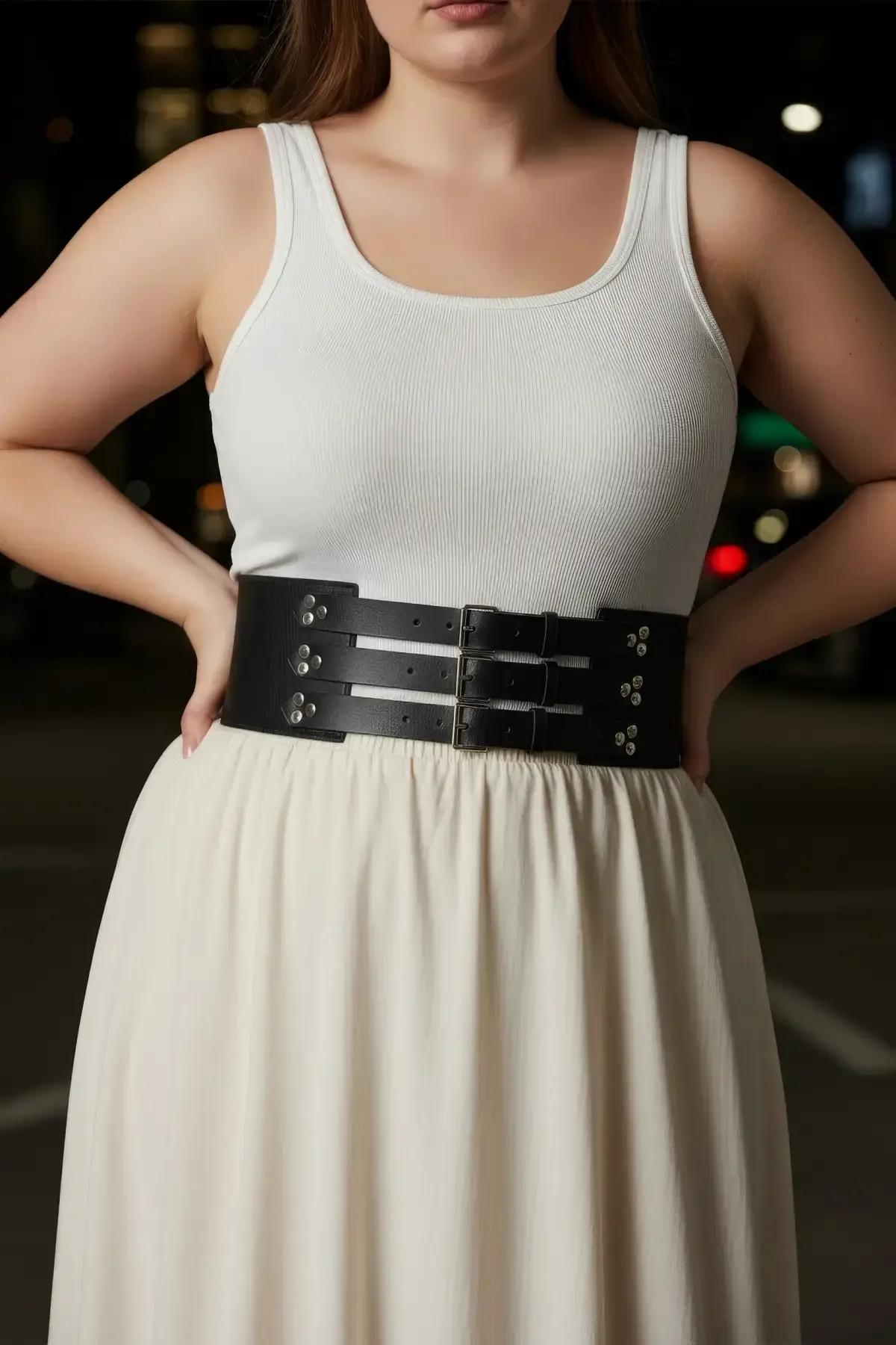plus size black wide waist harness belt triple buckle cinched silhouette