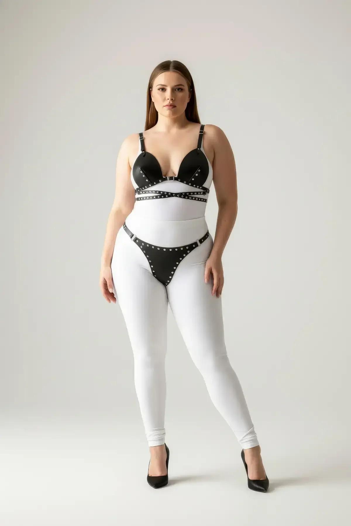 black studded faux leather thong harness waistband with silver ring hardware detail