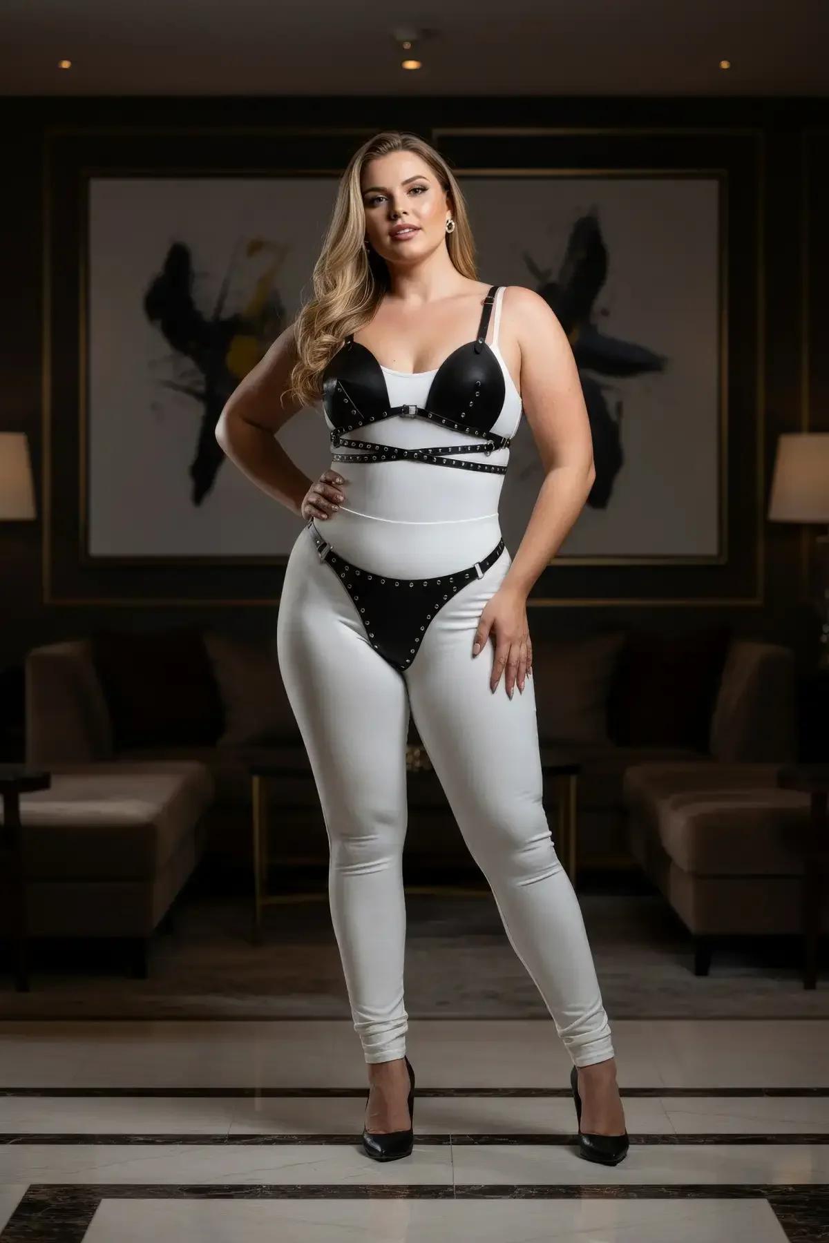 ayarlanabilir askılı siyah deri harness sütyen gümüş toka ve zımba aksesuar detayı