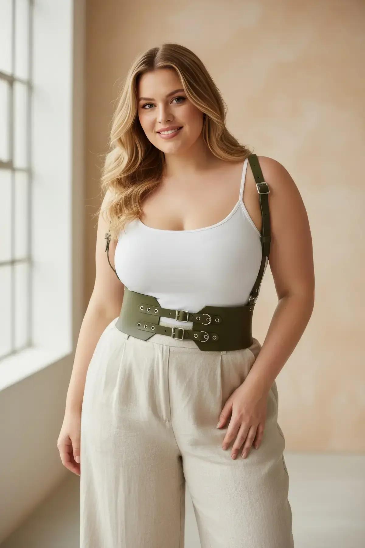 wide olive green faux leather harness worn over white tank top with beige trousers, front view
