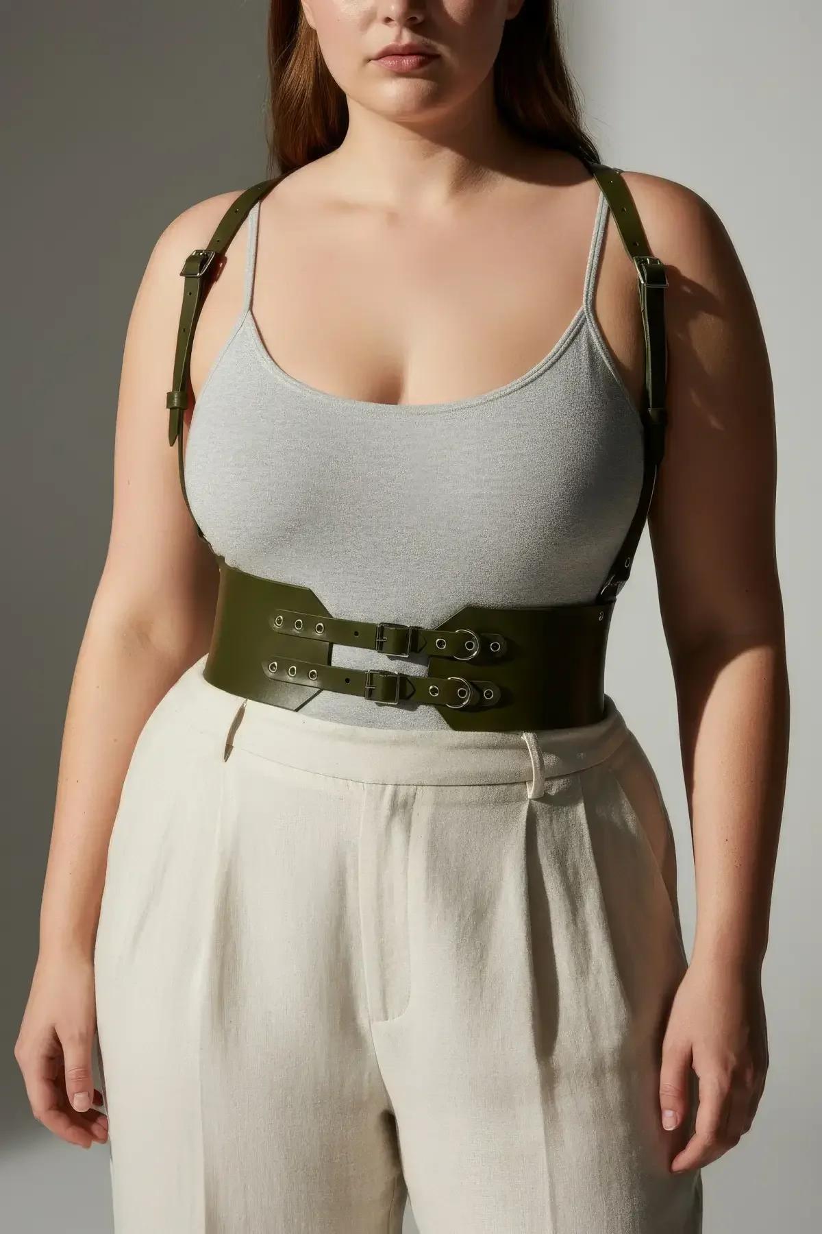 olive green wide belt harness showing two horizontal buckle straps and structured band shape