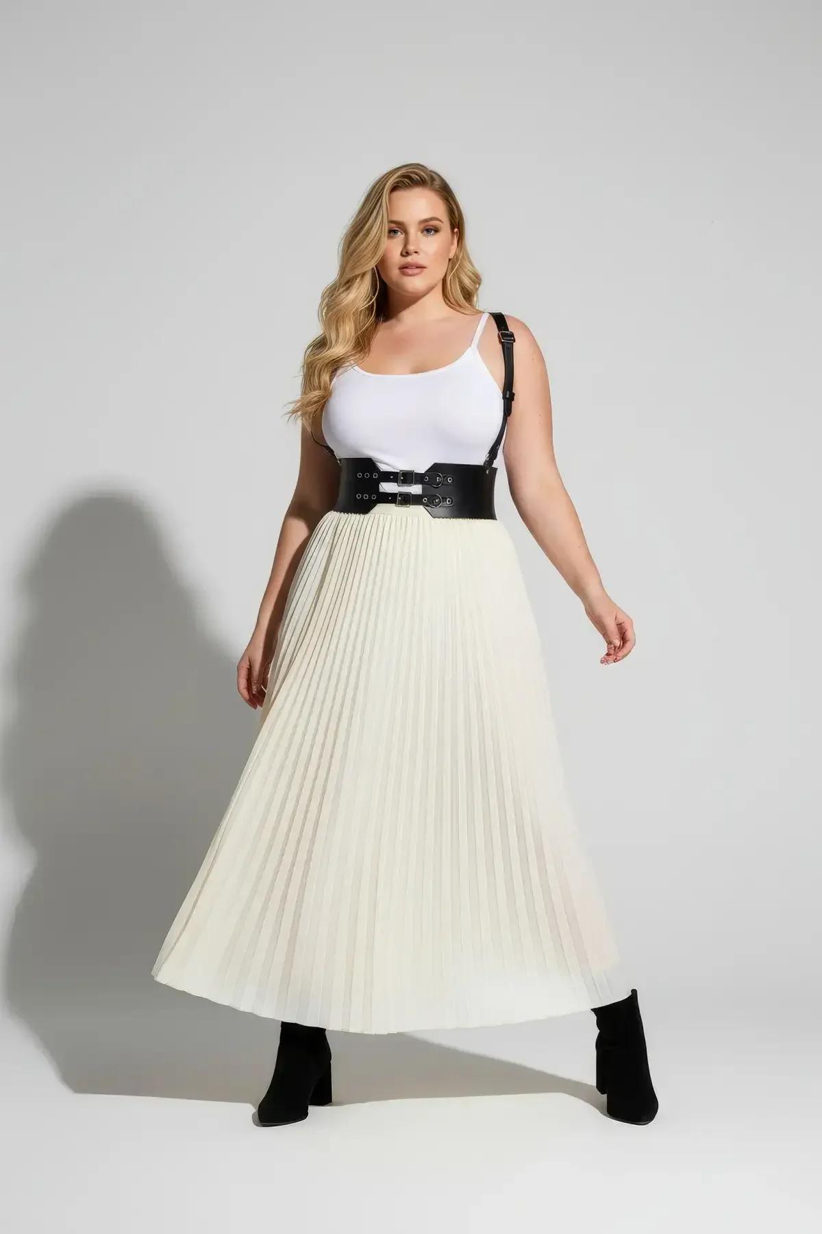 black wide waist harness layered over cream midi skirt showing structured corset-style silhouette