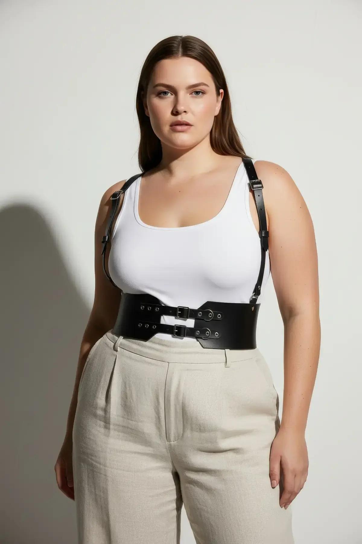 detail of double-row punched eyelets on black wide faux leather waist harness front panel