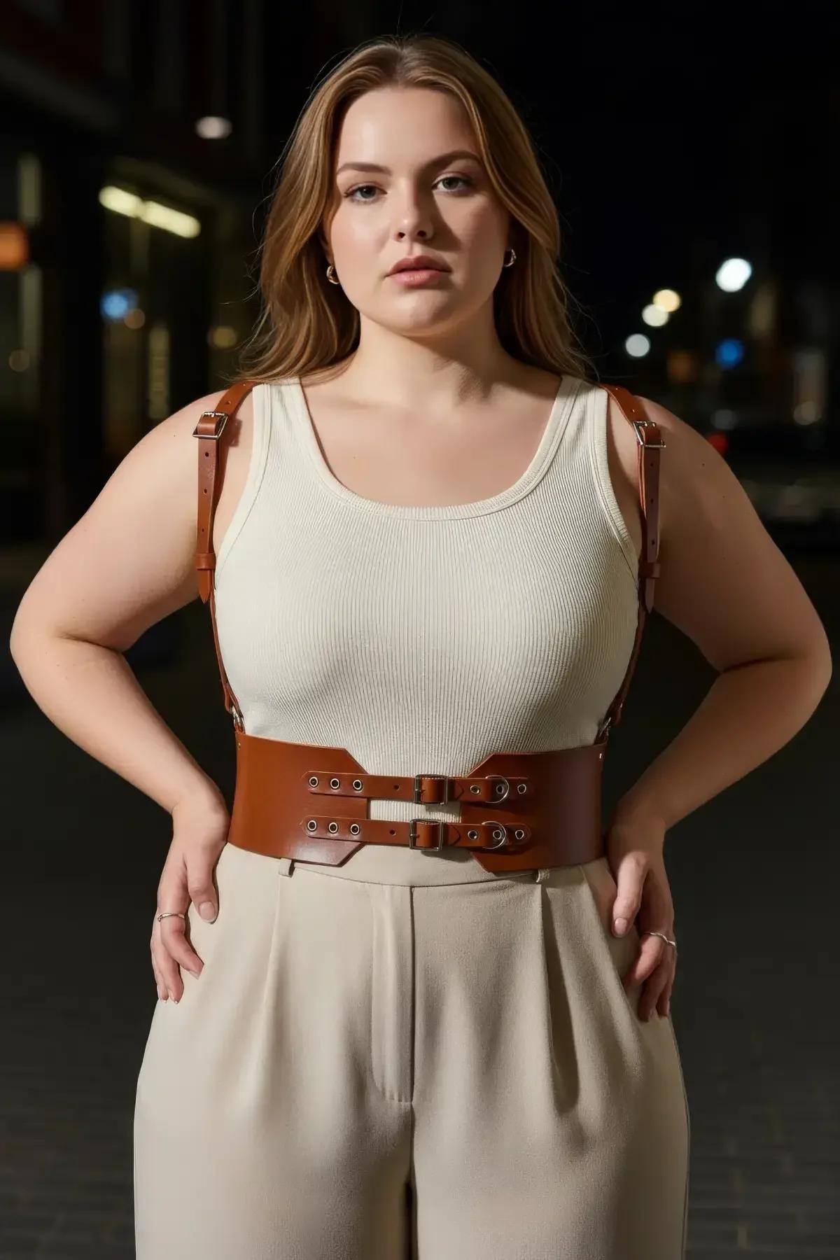 detail of silver-tone rectangular hardware connecting shoulder straps on tan faux leather harness