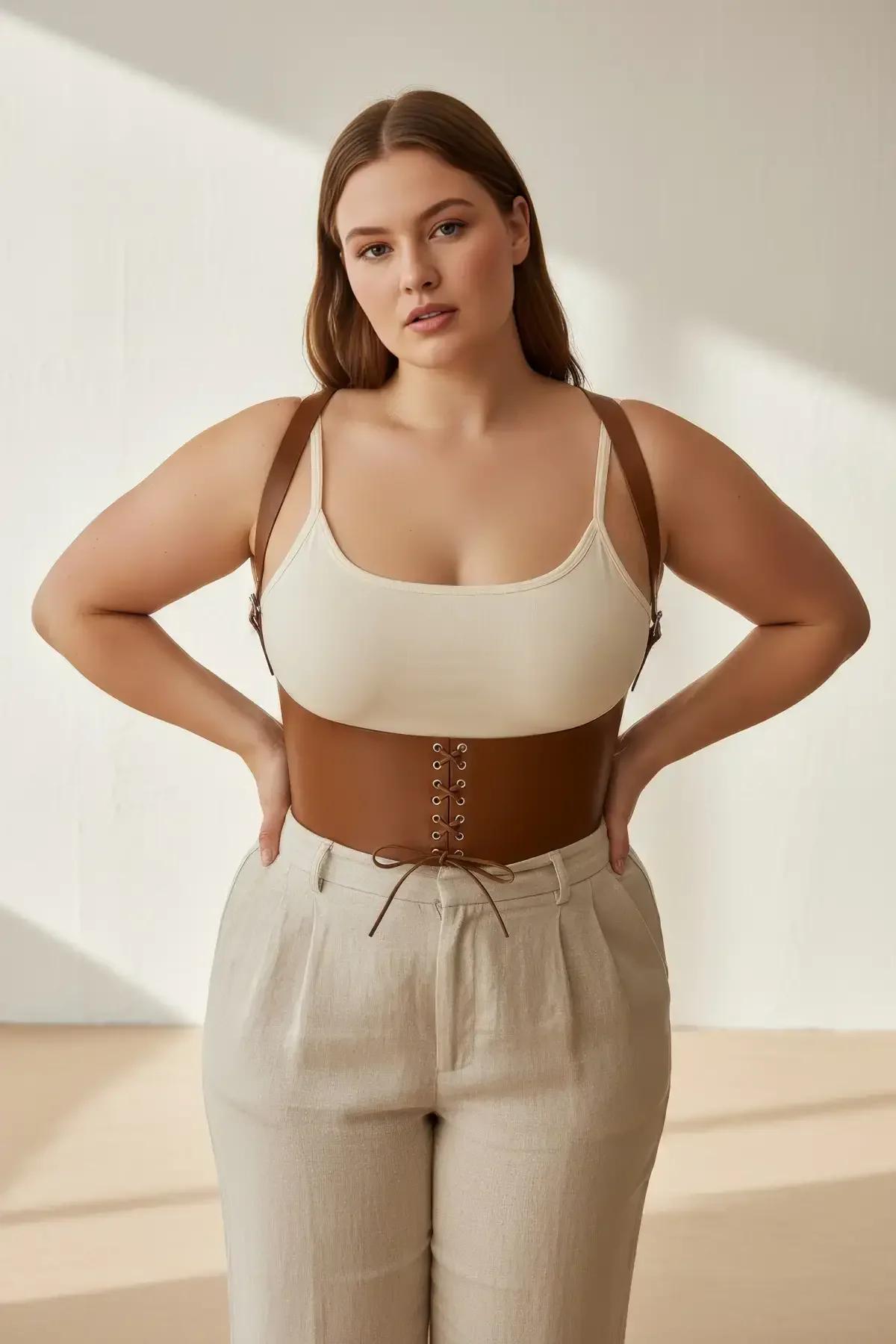 underbust corset harness tan brown adjustable shoulder strap buckle back view