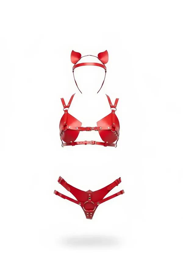 Red faux leather harness bralette and strappy o-ring panty set with matching cat ear headband, gold-tone hardware