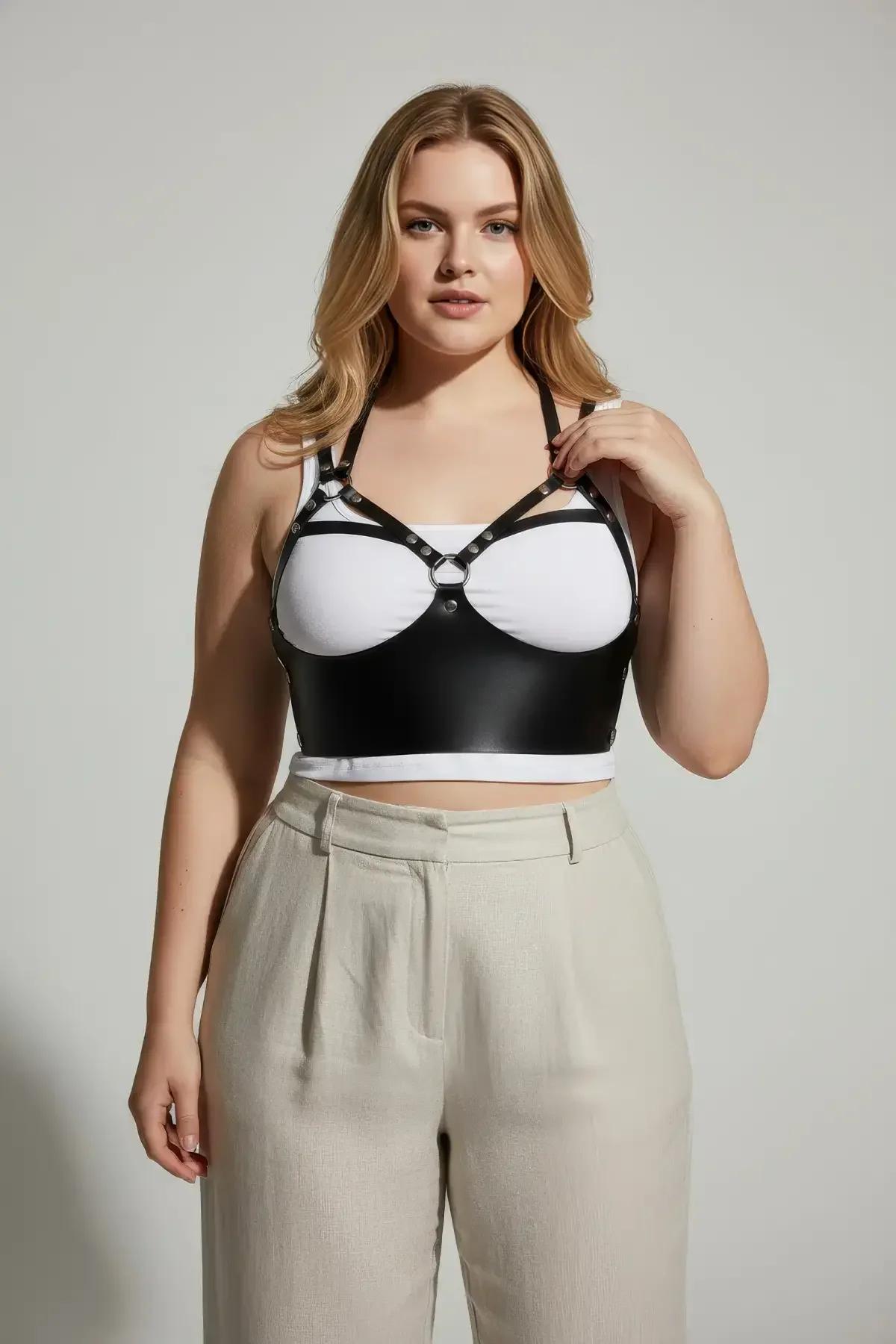 Front view of black underbust harness showing centered silver O-ring and dual horizontal bands