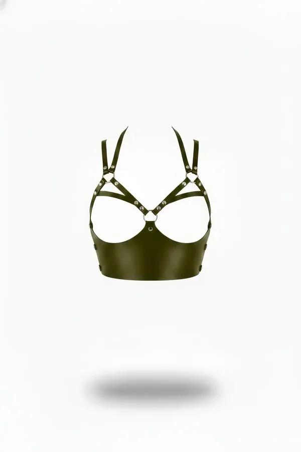 Khaki faux leather open cup harness bra with silver O-rings and stud hardware, matte olive-green strappy boudoir style