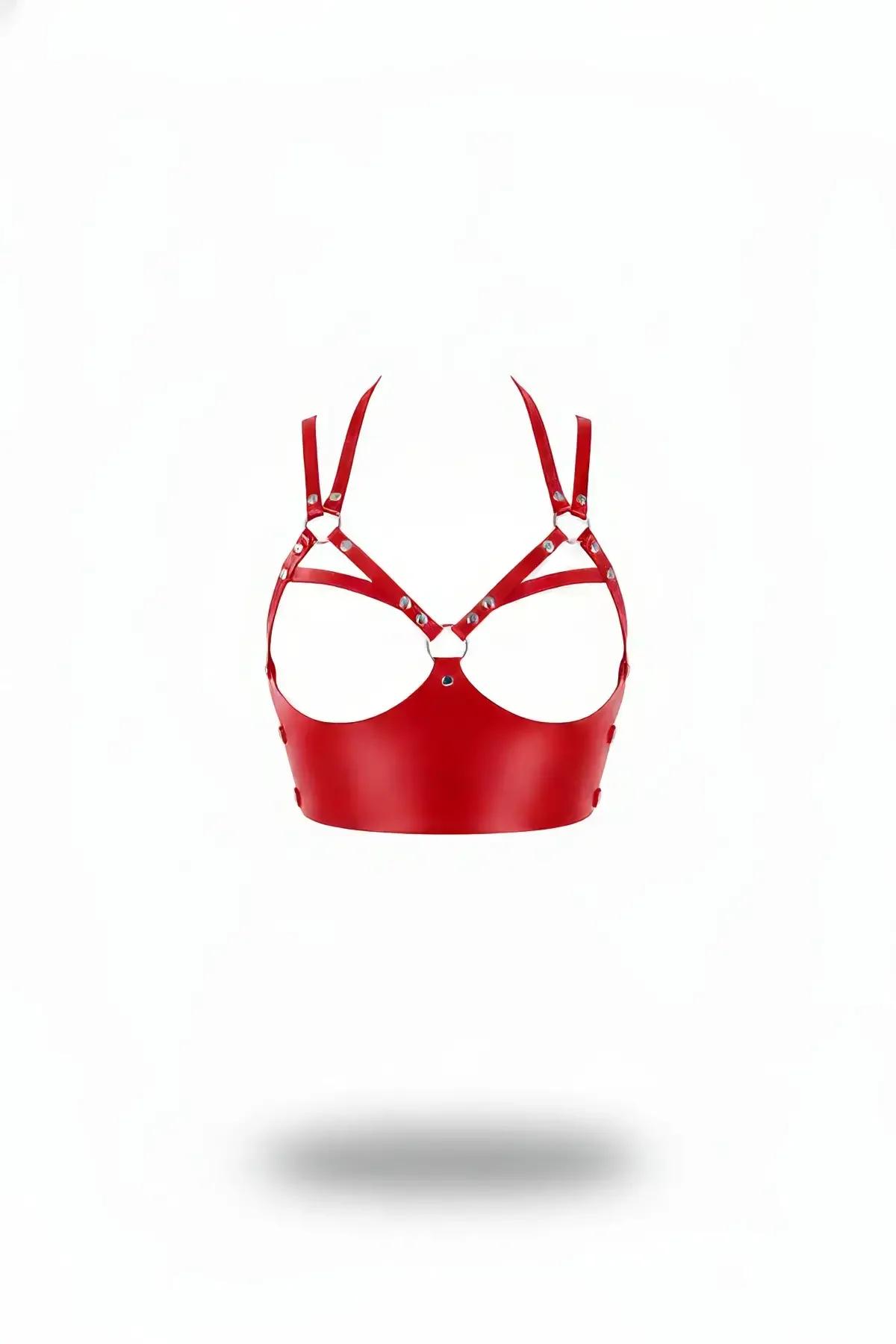 Red faux leather open cup bustier harness with silver studded cage straps and central O-ring