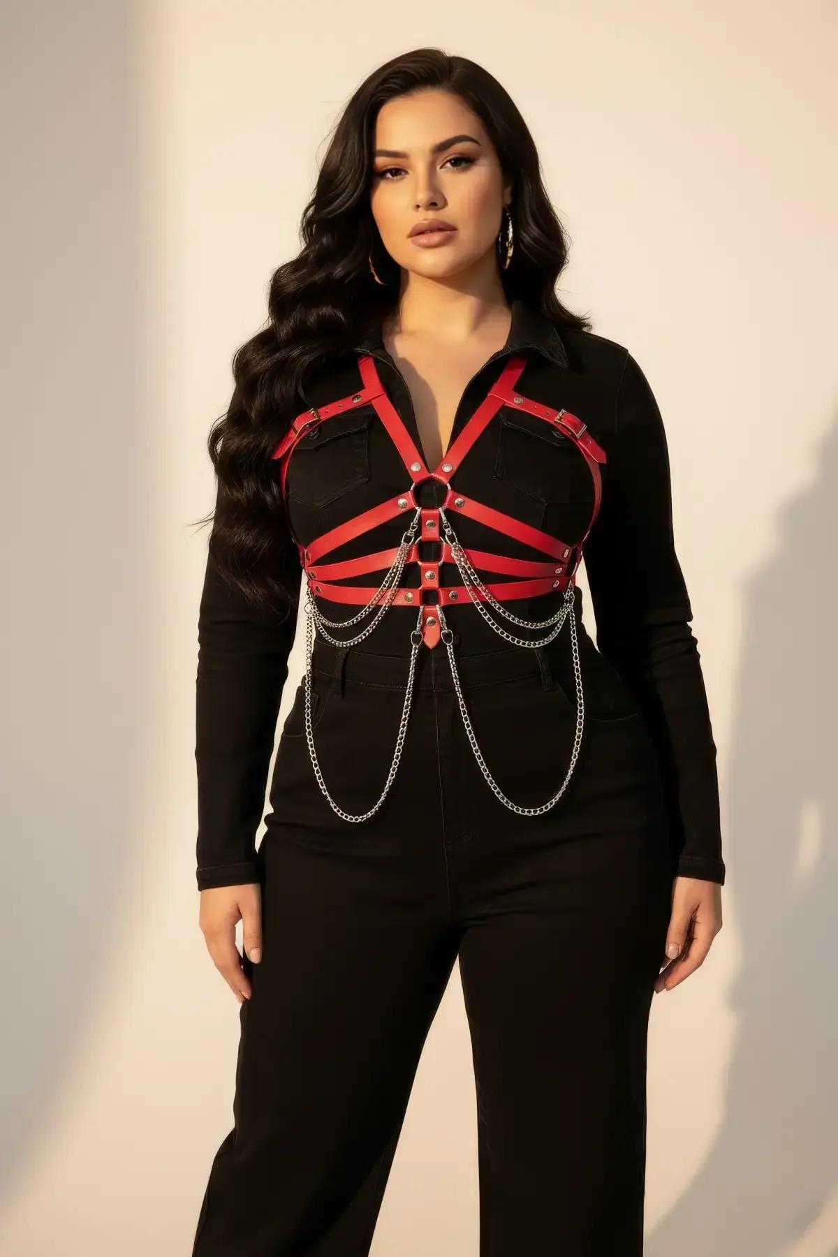 close-up of silver-tone O-ring and buckle hardware on red faux leather chest harness