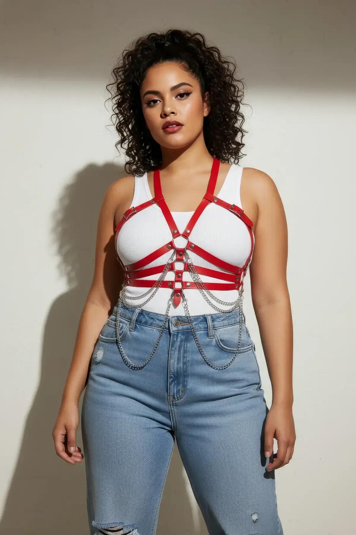 back buckle closure detail on red faux leather adjustable chest harness
