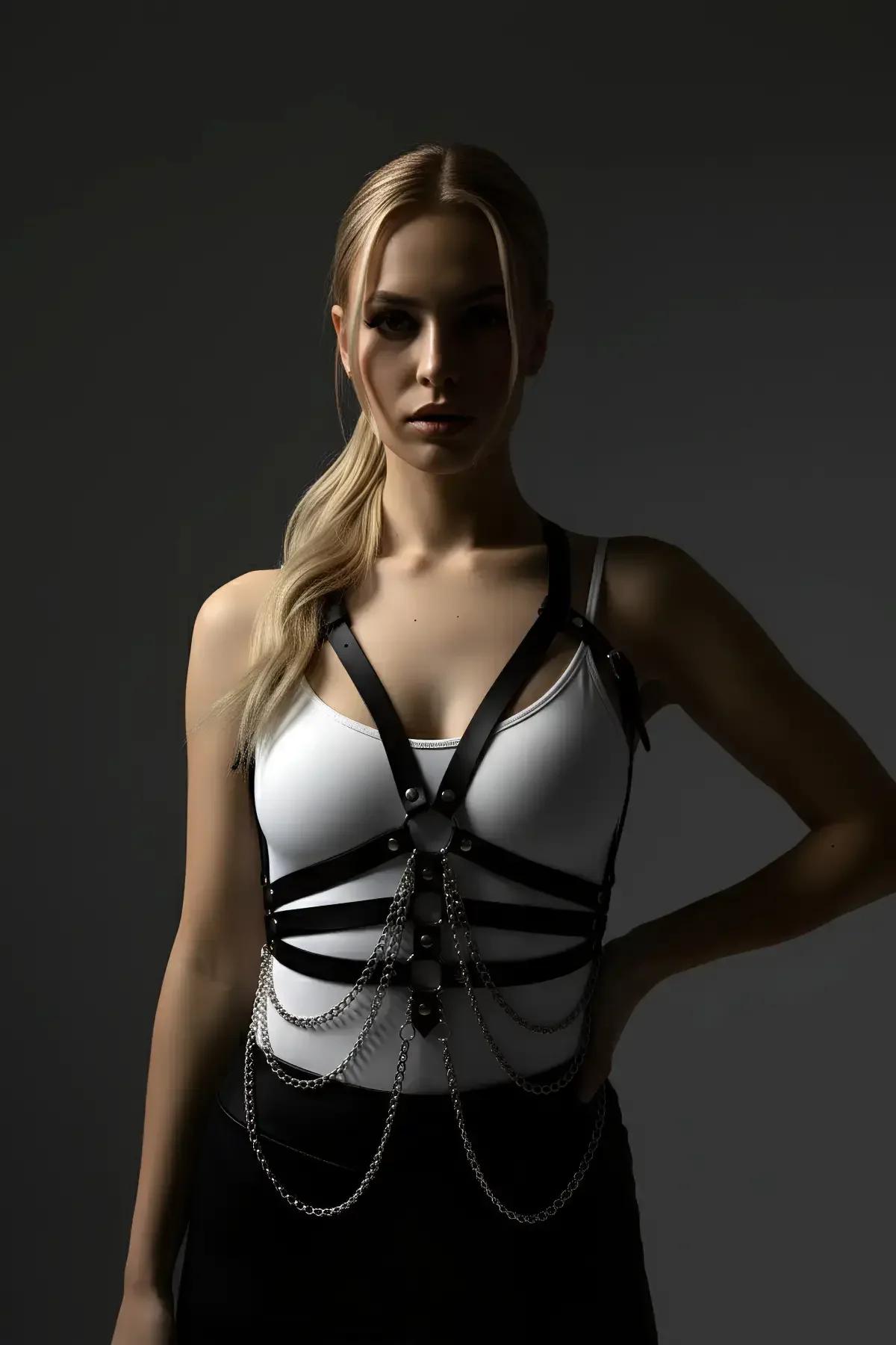 Black faux leather body harness layered over white top with silver chains in curved drape formation