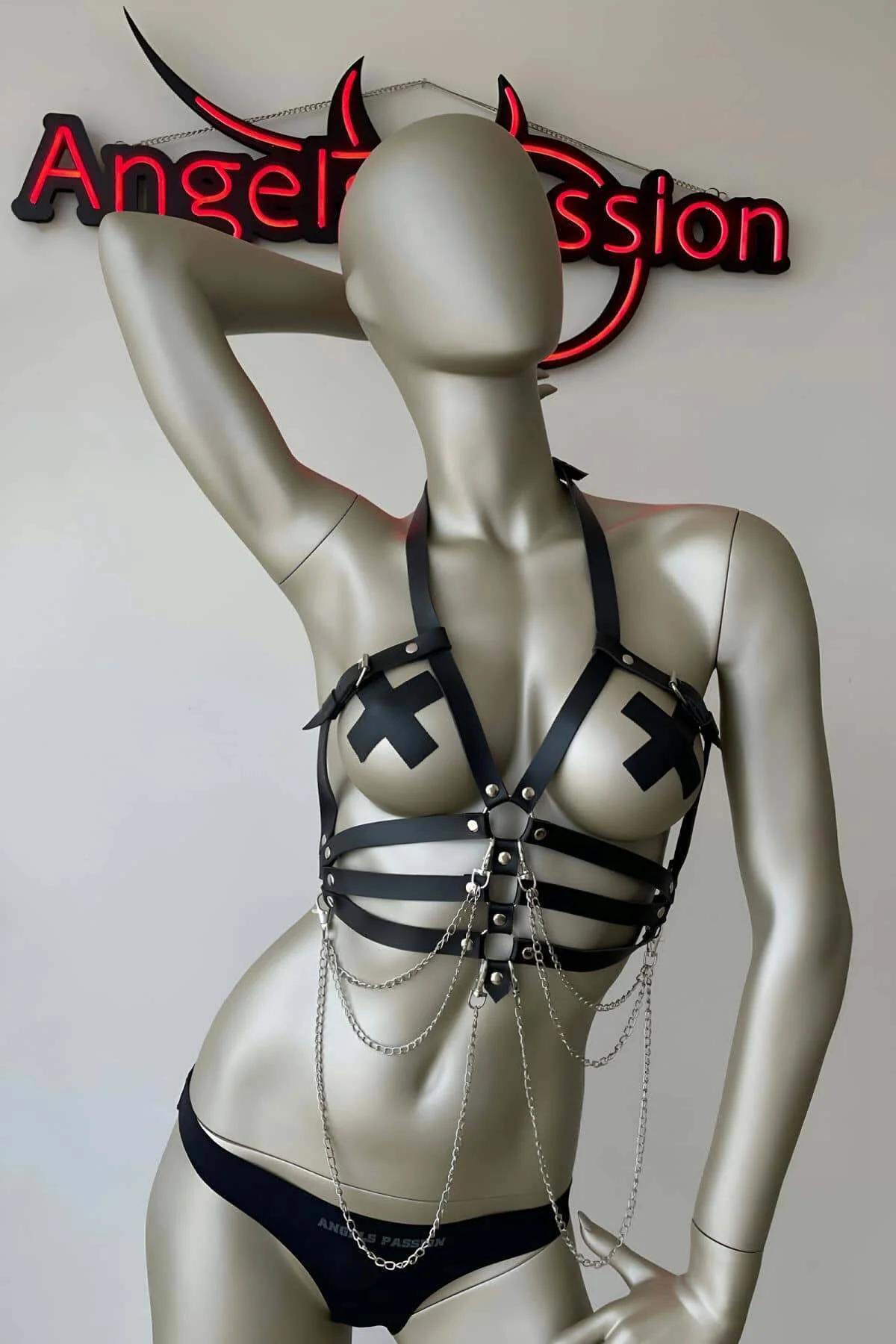 ខ្សែ harness V-shape ខ្មៅ buckle stainless ខ្នាតទ្រូង 60-90 cm
