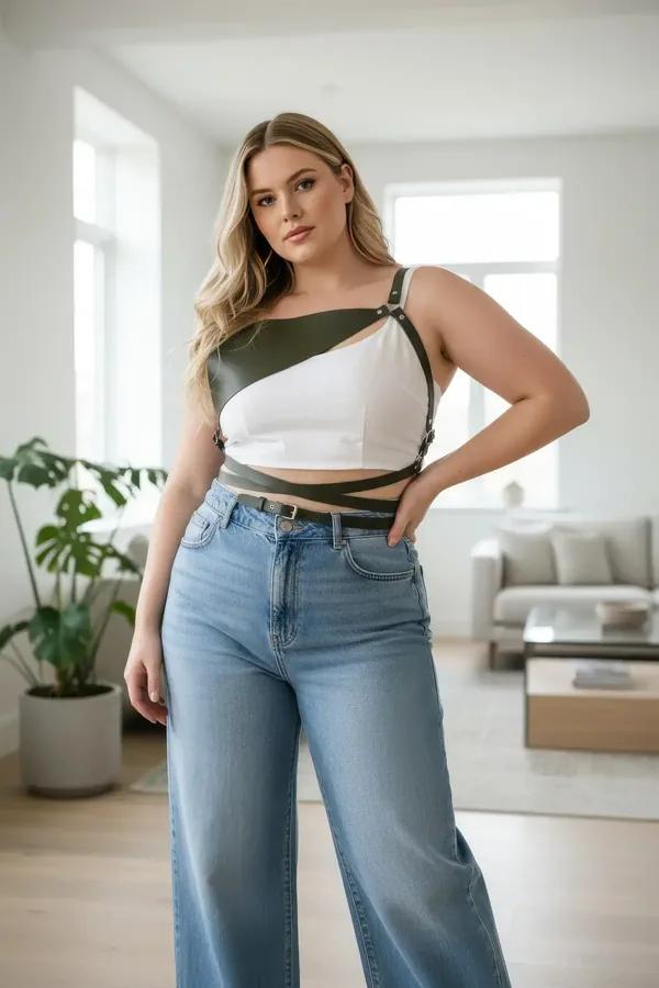 asymmetrical two-tone harness crop top olive faux leather diagonal panel white base with waist straps