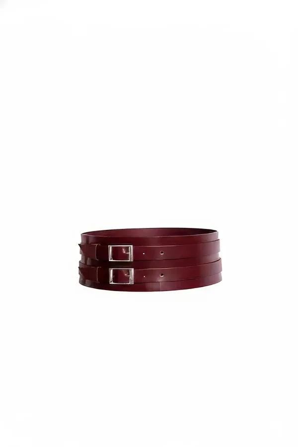 burgundy faux leather wide waist belt harness with two silver rectangular buckles, triple stacked strap design