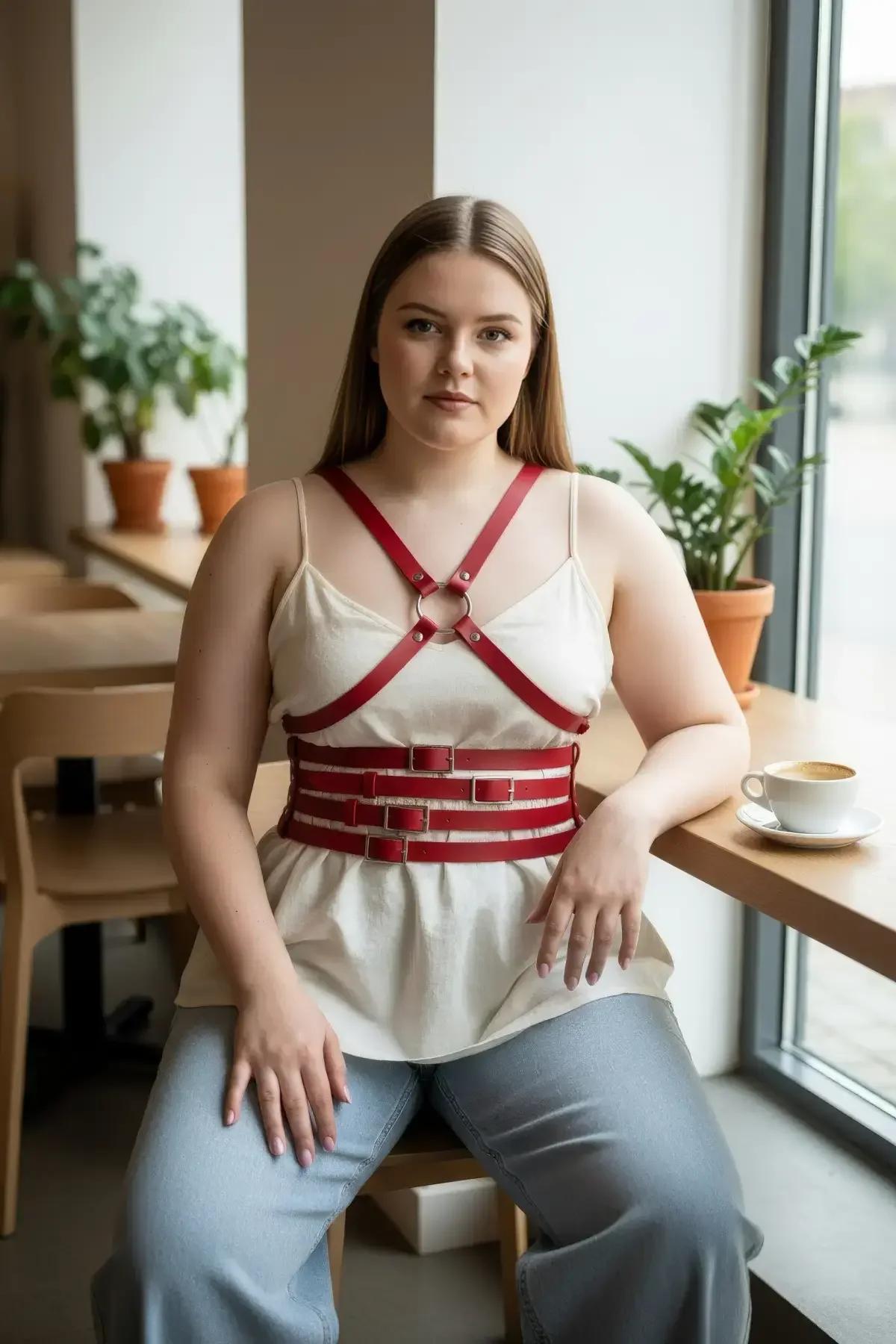 Red triple-buckle wide waist belt with silver-tone rectangular buckles and matte PU leather finish