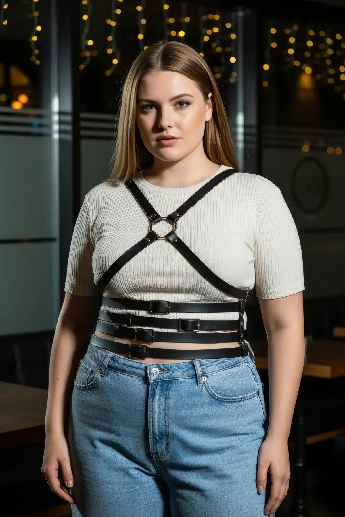 Black multi-strap harness detail showing three rectangular metal buckles on stacked waist bands