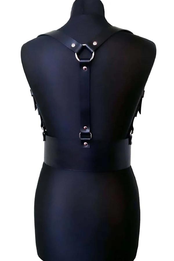 Siyah suni deri göğüs ve bel harness kemer gümüş dikdörtgen tokalı çift bel bandı önden görünüm