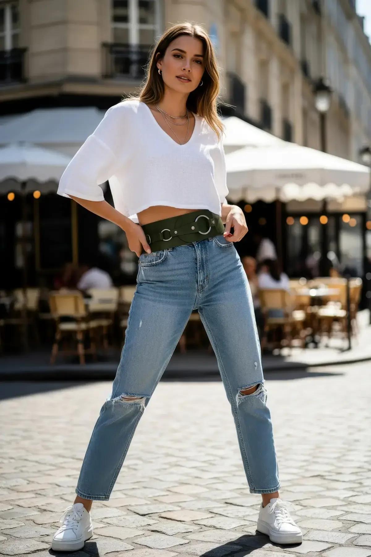 dark olive faux leather wide waist belt front view showing three evenly spaced silver O-rings