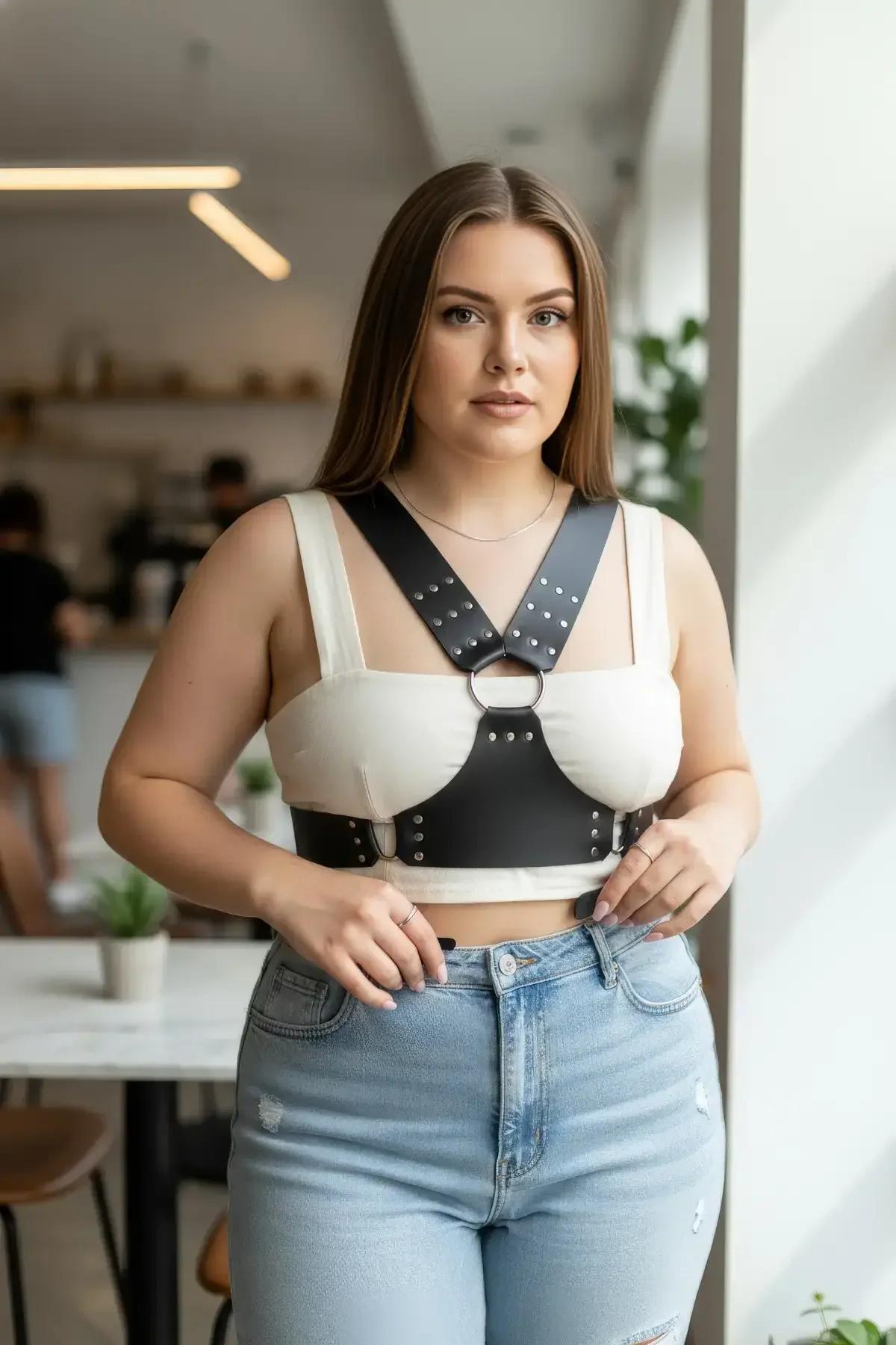 Adjustable silver buckle side closures on black faux leather waistband harness