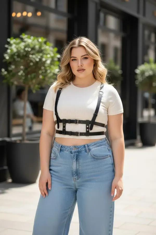 black faux leather chest harness double band with silver buckles worn over white crop top