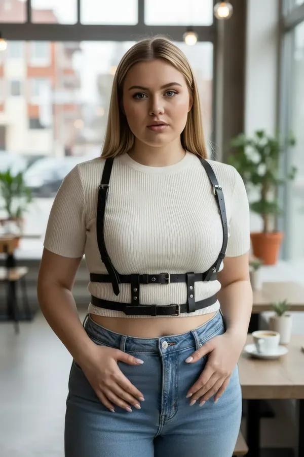 black faux leather chest harness double band with silver buckles worn over white crop top