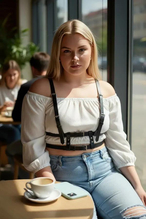 black faux leather chest harness double band with silver buckles worn over white crop top