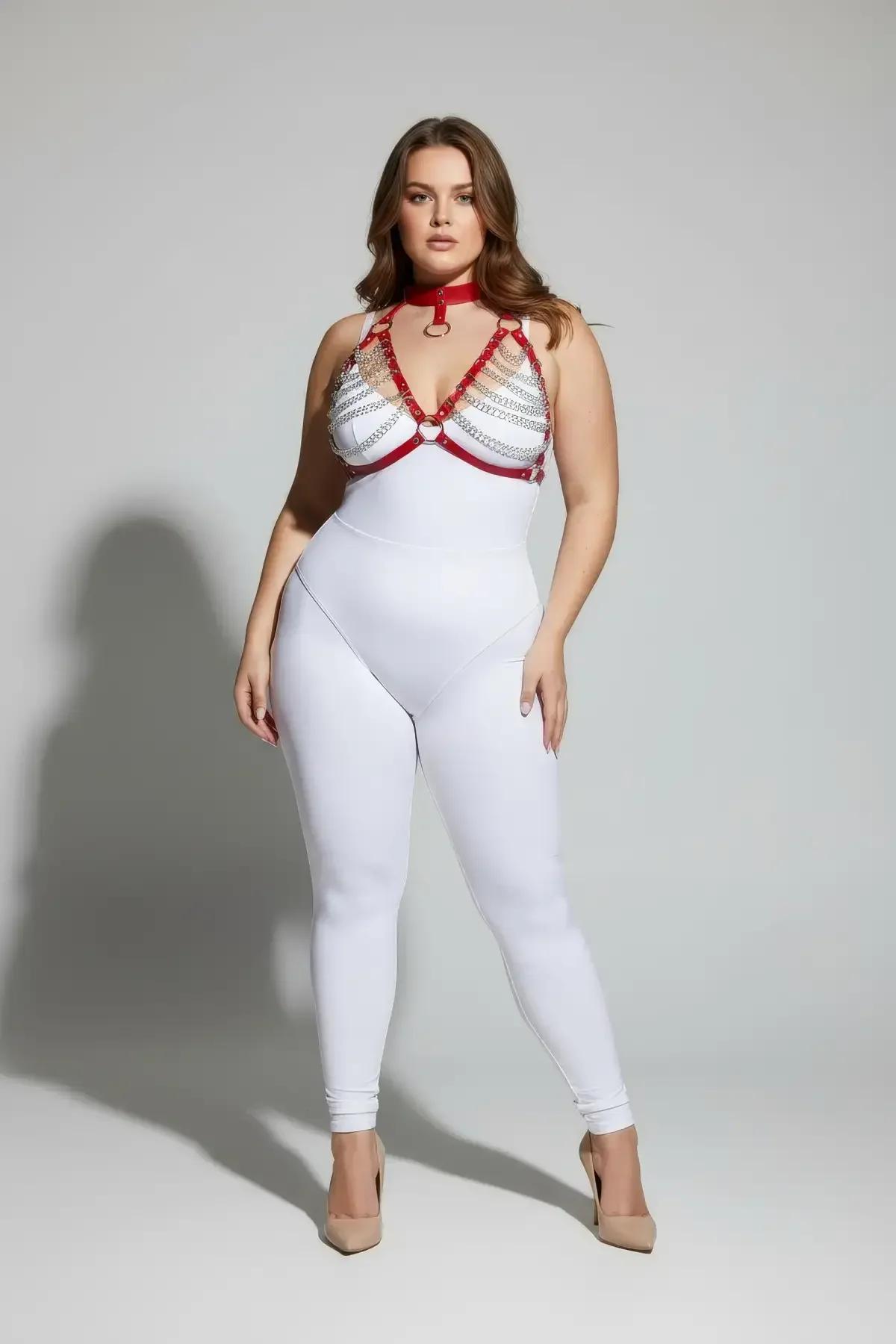 kırmızı choker yaka harness takım arka toka ayar detayı büyük beden