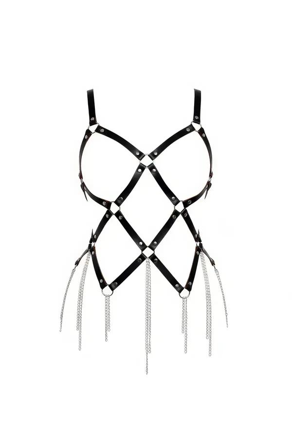 Siyah vegan deri body harness elmas çapraz bantlar ve gümüş zincir saçaklı gövde aksesuarı