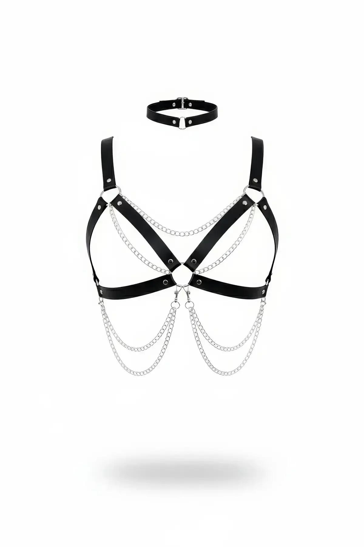 siyah vegan deri çapraz bantlı göğüs harness gümüş zincir drapeli choker set beyaz fon