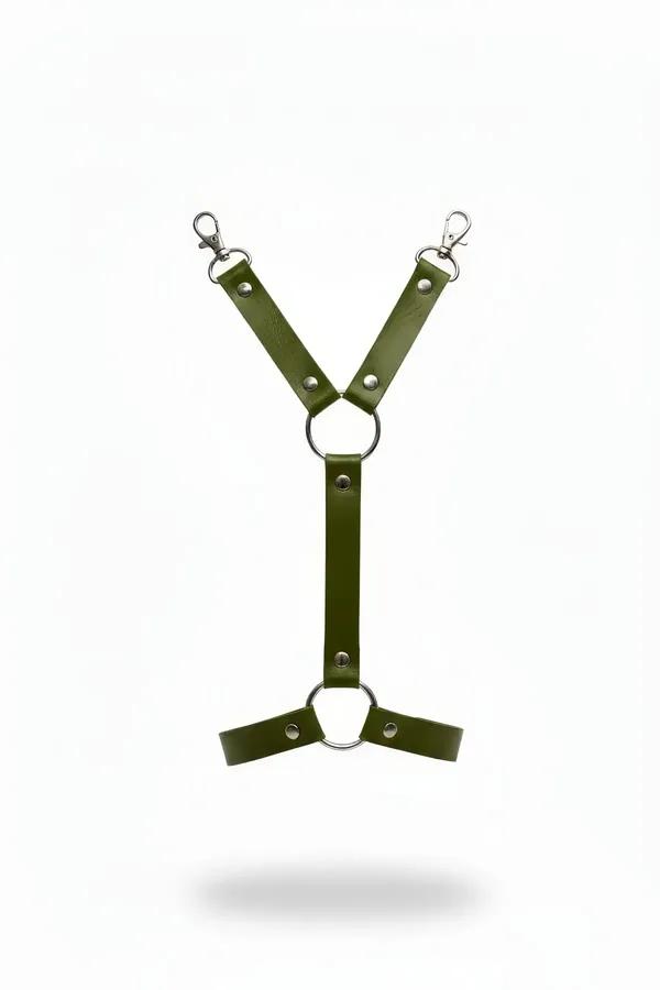 Olive faux leather garter harness with dual silver O-rings, rivet hardware and swivel snap clips, front view on white backgro