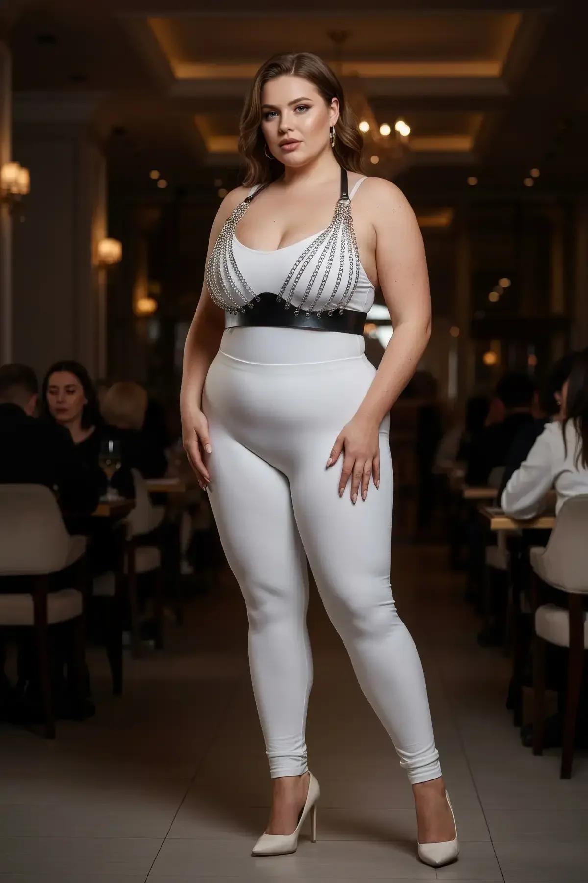 zincir detaylı siyah harness takımı beyaz tayt kombini büyük beden moda aksesuar