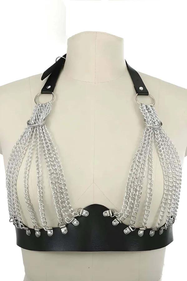 Zincirli göğüs harness gümüş metal katmanlı zincir siyah deri bel bantlı aksesuar