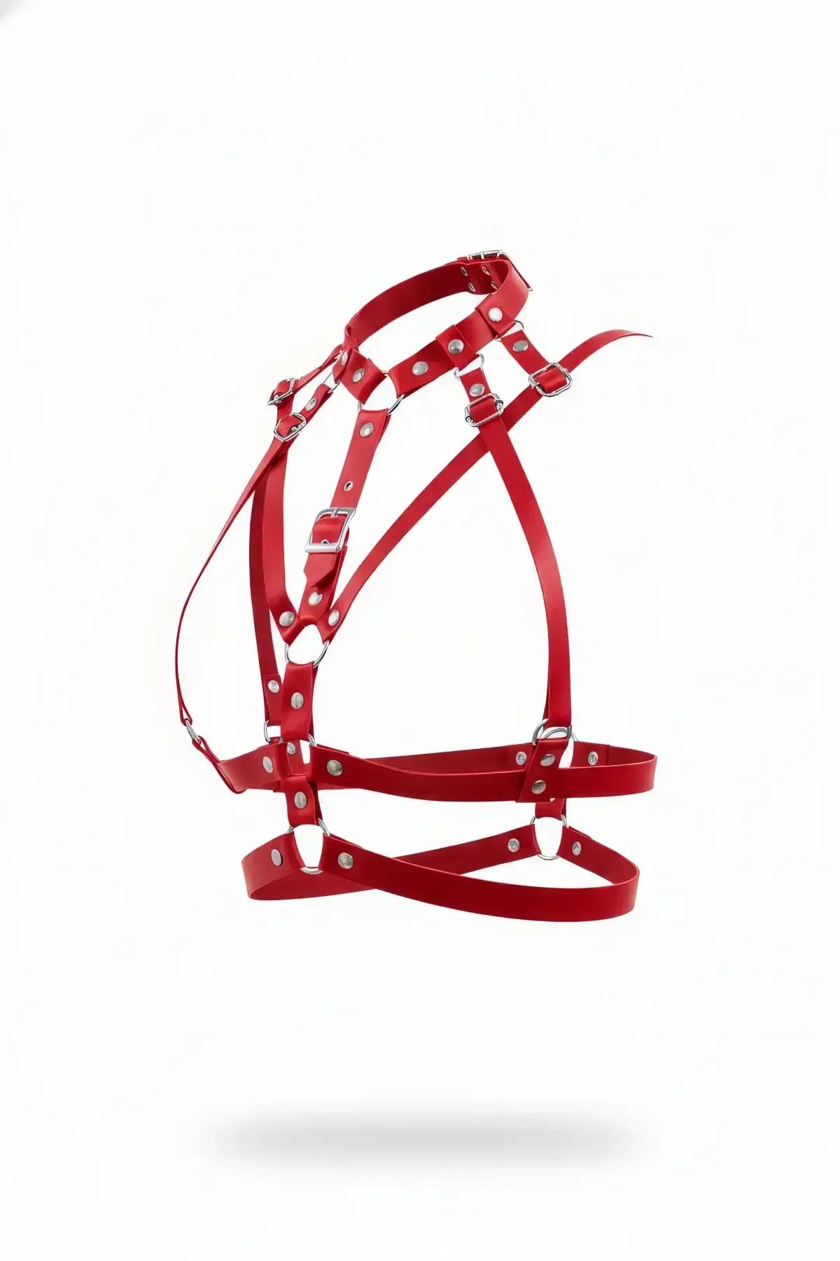 red faux leather multi-strap chest harness with silver buckles and D-rings, five-band cage silhouette on white background