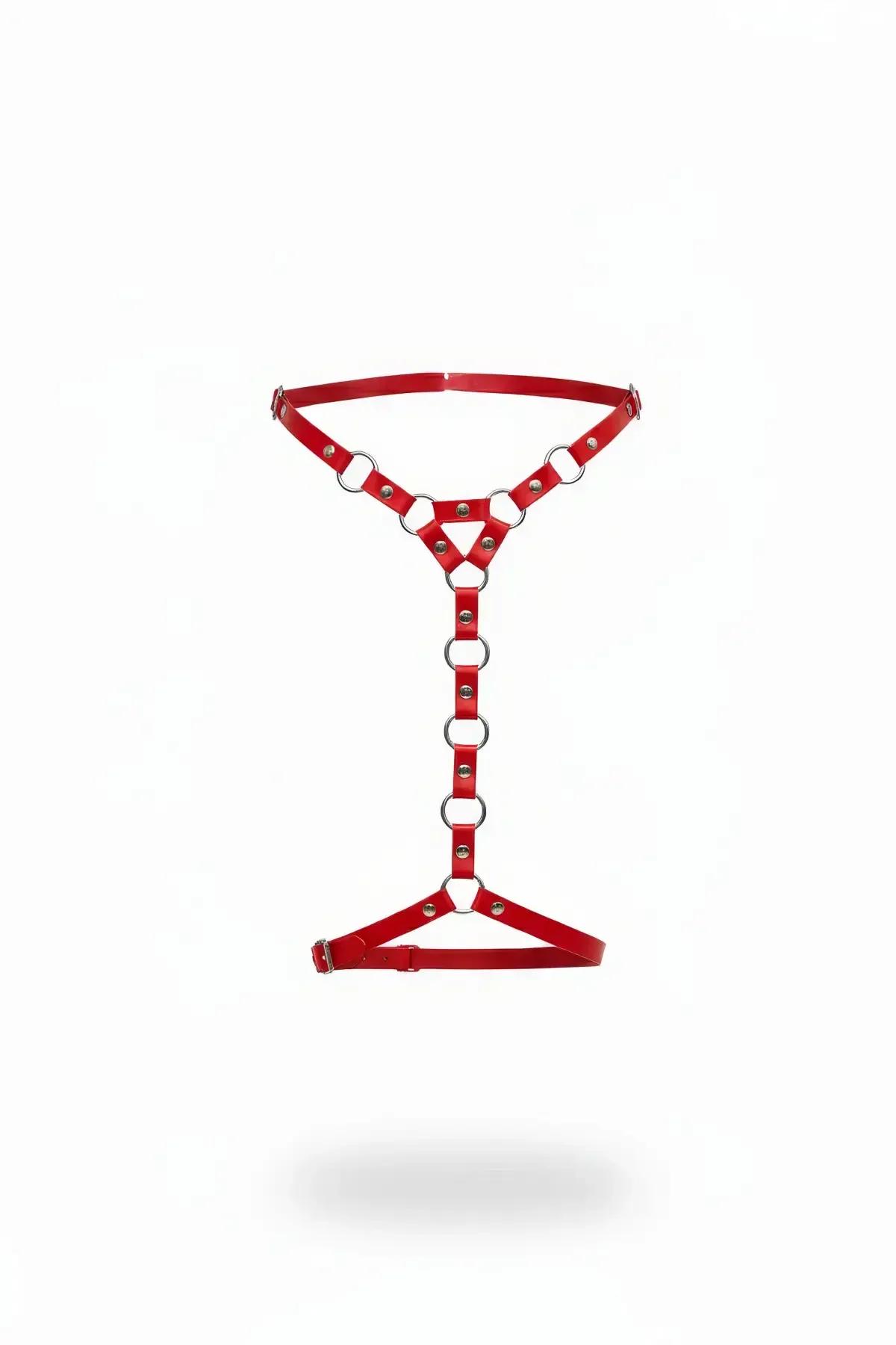 red faux leather garter harness with vertical silver O-ring chain and dual triangle chest and hip panels